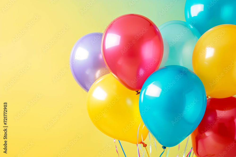Vibrant Party Balloons Floating Against a Sunny Yellow Backdrop Vibrant Party Balloons Floating Against a Sunny Yellow Backdrop