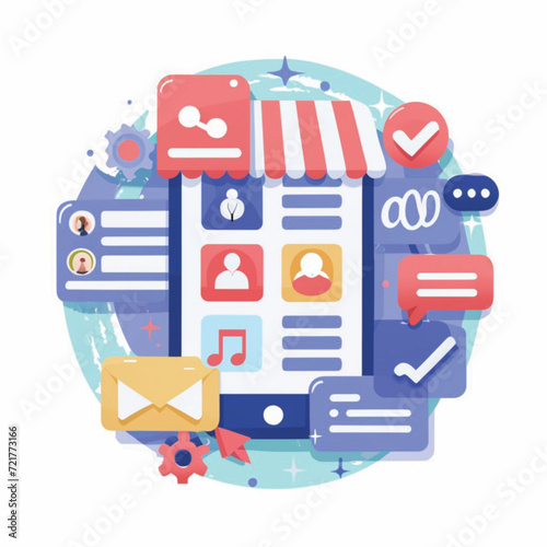 2d vector illustration colorful social media boost , influence blogger E-marketer via Internet pages marketing referral