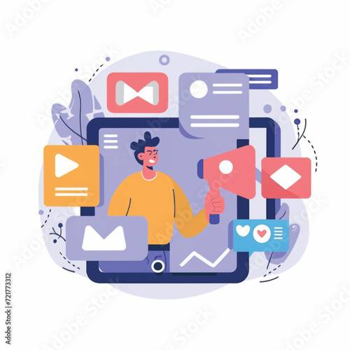 2d vector illustration colorful social media boost , influence blogger E-marketer via Internet pages marketing referral