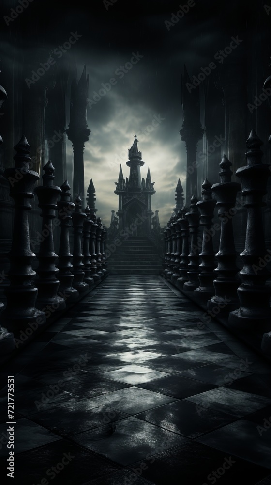 chess free background wallpaper, in the style of gothic futurism, gothic dark intensity, uhd image, black and white intimacy, nightmarish visions, princesscore, dark and spooky themes Illustration
