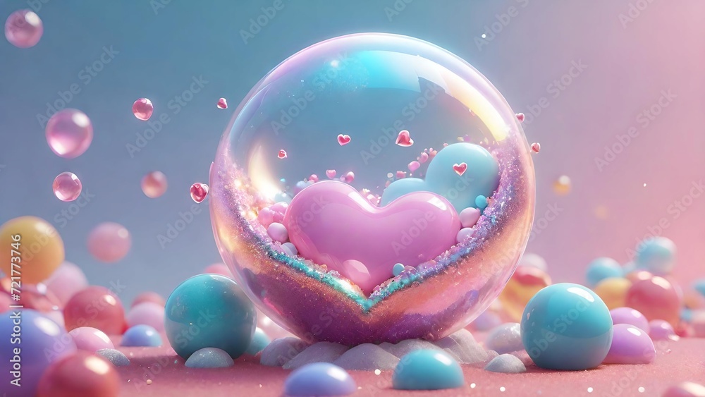 Pink egg surrounded by vibrant bubbles, floating in a transparent glass sphere filled with shimmering pink and blue liquid, reflecting light and creating a captivating 3D illustration Pink egg surrounded by vibrant bubbles, floating in a transparent glass sphere filled with shimmering pink and blue liquid, reflecting light and creating a captivating 3D illustration
