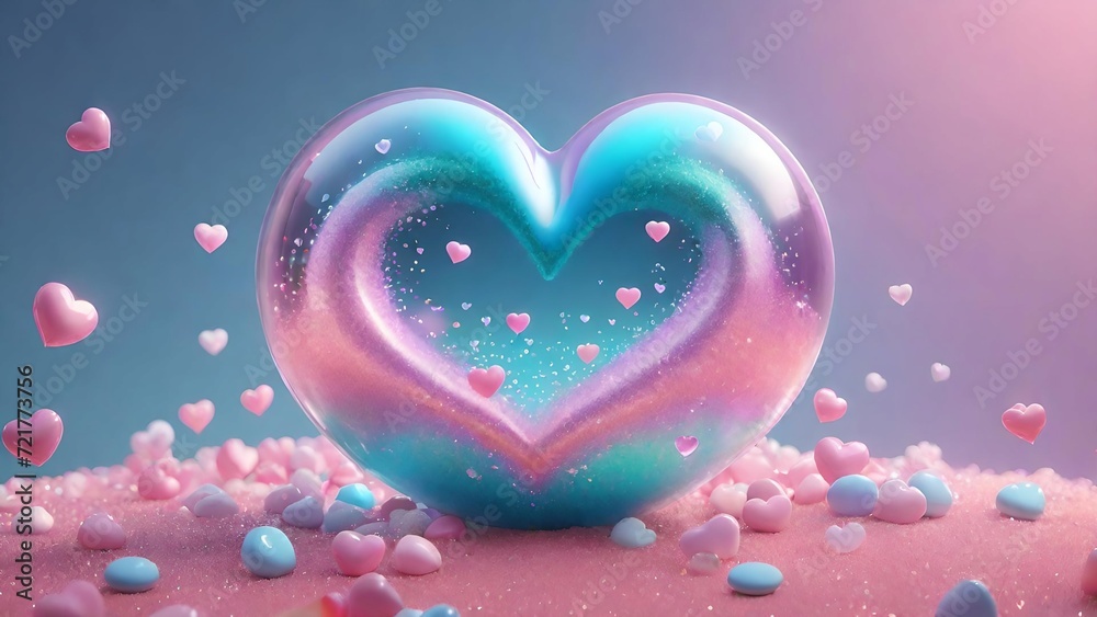 Pink egg surrounded by vibrant bubbles, floating in a transparent glass sphere filled with shimmering pink and blue liquid, reflecting light and creating a captivating 3D illustration
