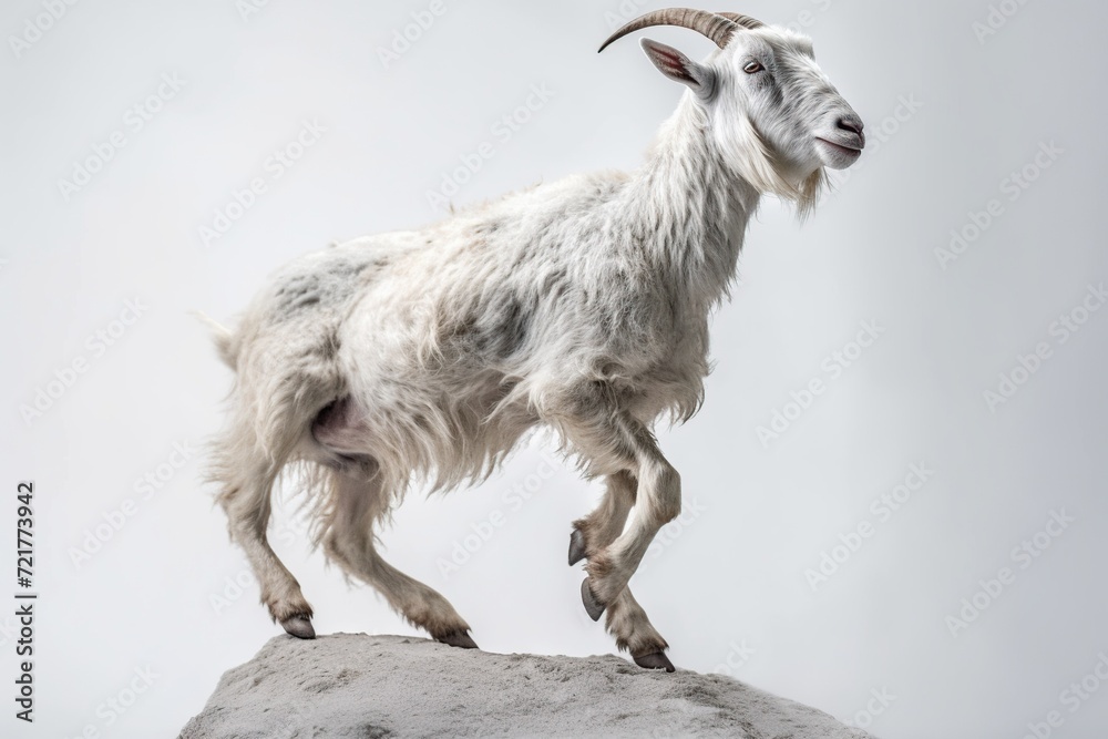 Obraz premium Portrait of a white goat standing on a rock against a white background