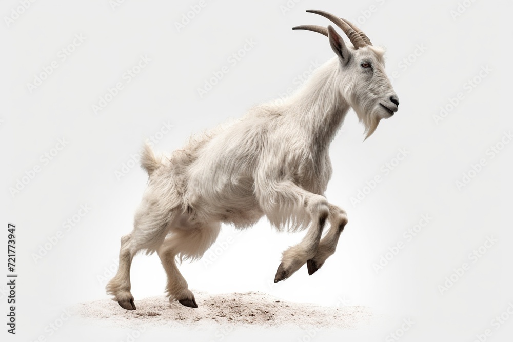 White goat on a white background. Isolated image of a goat.