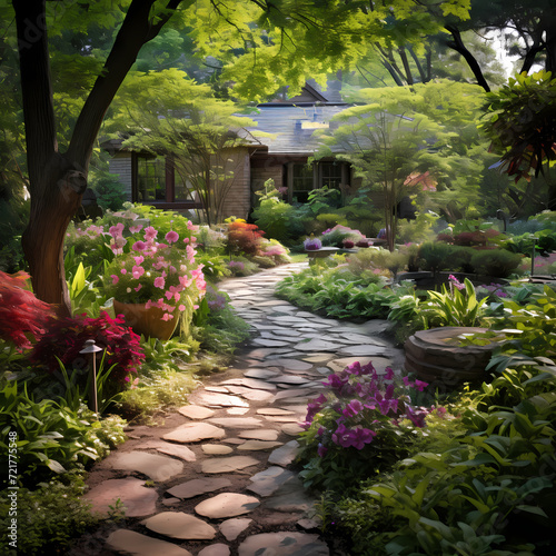 A peaceful garden with a stone pathway.