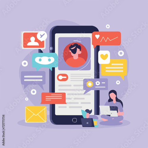 2d vector illustration colorful social media boost , influence blogger E-marketer via Internet pages marketing referral