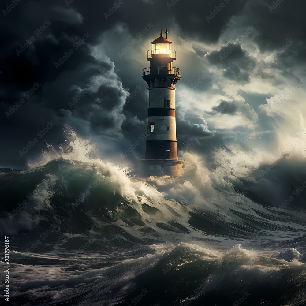 A solitary lighthouse against a stormy sea. 