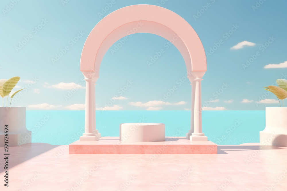 Fototapeta premium Empty podium on tropical beach background. Generative ai.