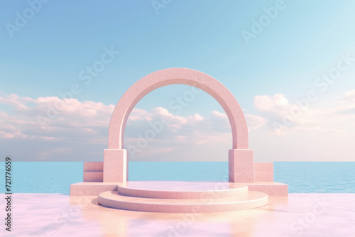 Empty podium on tropical beach background. Generative ai.
