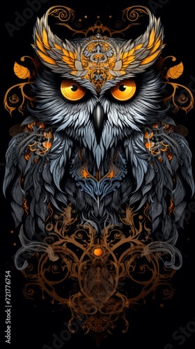 an ornamental owl with yellow eyes on black background