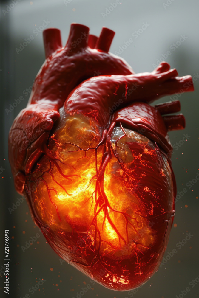 3D Model Heart with Glowing Orange Electric Pulse, Generative AI