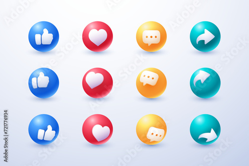 social media circle icon set thumbs, comment, share and love 3d style