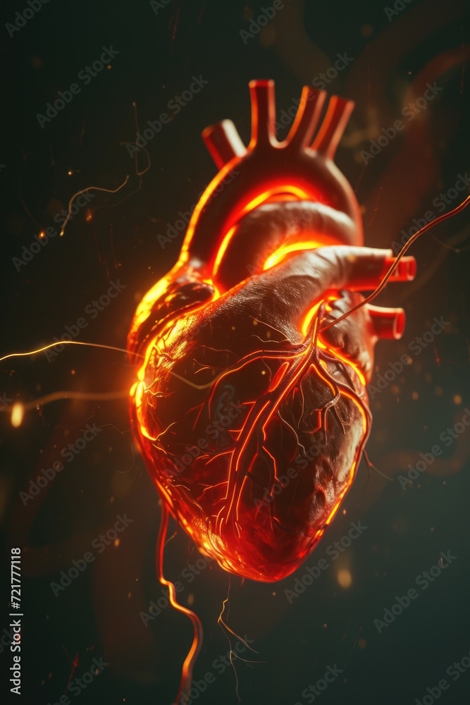 3D Model Heart with Glowing Orange Electric Pulse, Generative AI