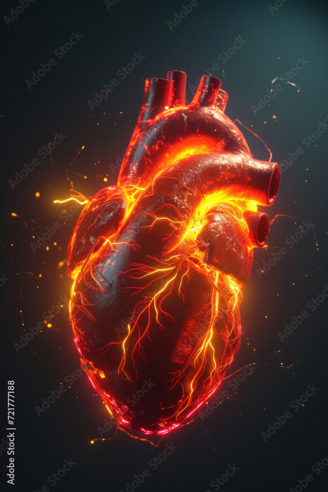 3D Model Heart with Glowing Orange Electric Pulse, Generative AI