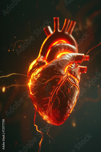 Obraz na płótnie 3D Model Heart with Glowing Orange Electric Pulse, Generative AI w salonie