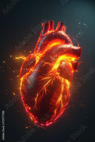 Obraz na płótnie 3D Model Heart with Glowing Orange Electric Pulse, Generative AI w salonie