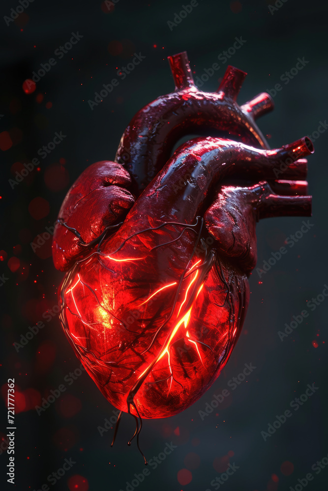 3D Model Heart with Glowing Orange Electric Pulse, Generative AI
