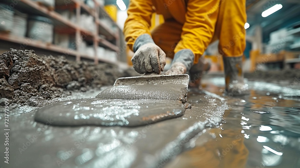 A worker troweling wet concrete onto a cement floor. - obrazy, fototapety, plakaty 