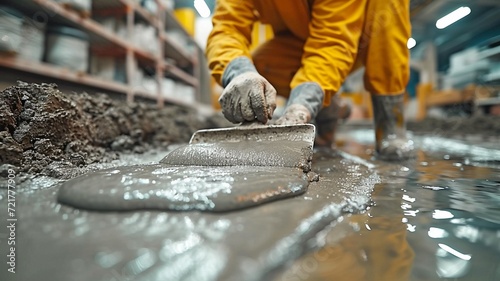 A worker troweling wet concrete onto a cement floor.