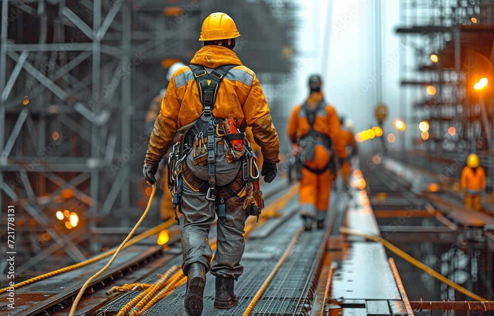 On a building site, employees are outfitted with protective safety harnesses and rope access.
