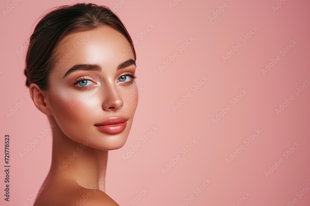 Fototapeta premium Portrait of a young woman with flawless makeup, highlighting her radiant and perfectly smooth skin on a soft pink background.