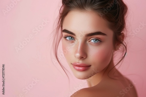 Portrait of a young woman with flawless makeup, highlighting her radiant and perfectly smooth skin on a soft pink background.
