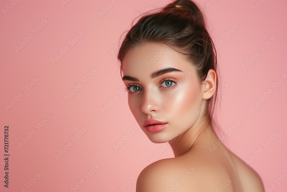 Portrait of a young woman with flawless makeup, highlighting her radiant and perfectly smooth skin on a soft pink background. Portrait of a young woman with flawless makeup, highlighting her radiant and perfectly smooth skin on a soft pink background.