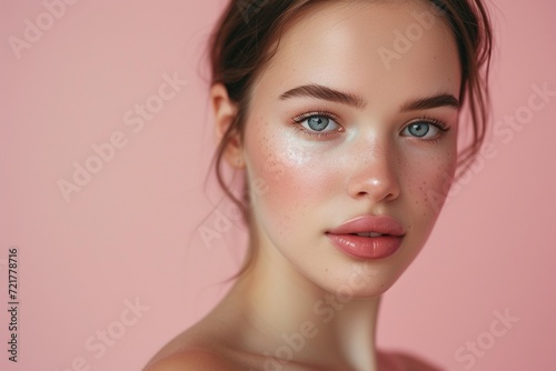 Portrait of a young woman with flawless makeup, highlighting her radiant and perfectly smooth skin on a soft pink background.