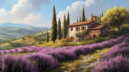 Rustic countryside home amidst lavender fields, with cypress trees and rolling hills under a sunny sky. copy space for text.