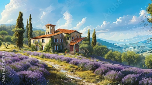 Rustic countryside home amidst lavender fields, with cypress trees and rolling hills under a sunny sky. copy space for text. photo
