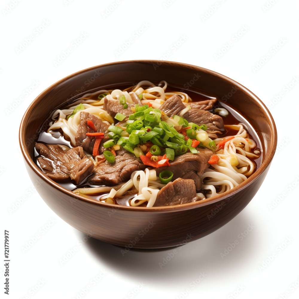 a beef noodles soup, studio light , isolated on white background