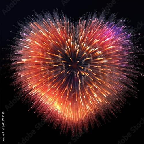 Heartshaped fireworks exploding against a black sky, perfect for Valentines Day or romantic celebrations. Suitable for greeting cards or social media posts.