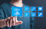 DevOps software development concept, Person touch virtual screen of DevOps. IT operations, high software quality and software development. Agile programming development concept.