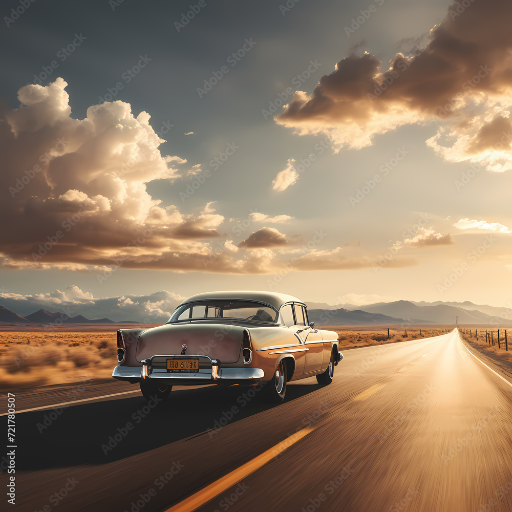 Classic car driving on an open road.