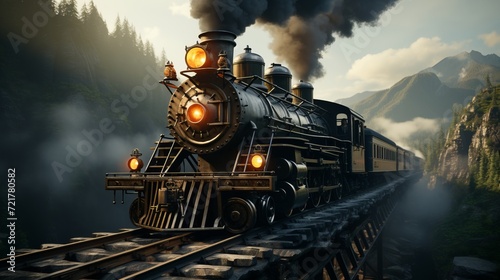 A black locomotive crosses a bridge, evoking a cinematic and majestic atmosphere