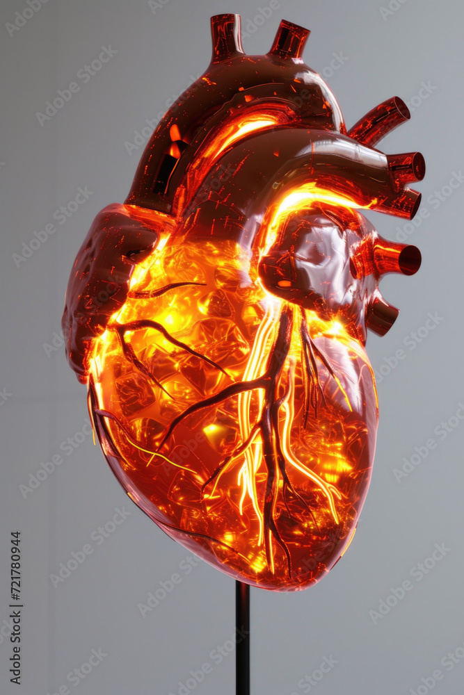 3D Model Heart with Glowing Orange Electric Pulse, Generative AI