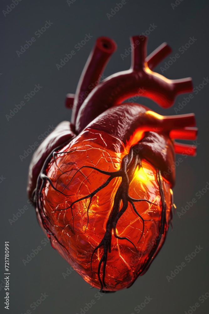 3D Model Heart with Glowing Orange Electric Pulse, Generative AI