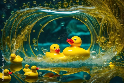 Step into a dreamscape of creativity: surreal abstract artwork featuring a playful yellow rubber duck, joyfully navigating a bubble bath wonderland