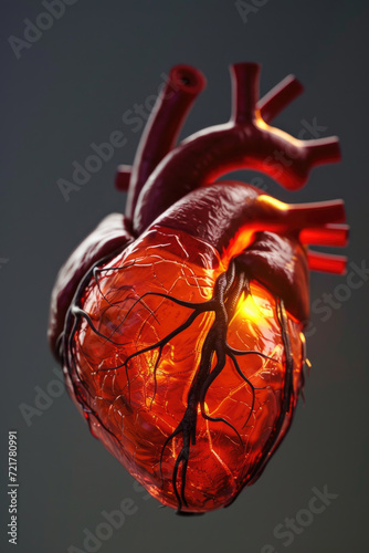 Obraz na płótnie 3D Model Heart with Glowing Orange Electric Pulse, Generative AI w salonie