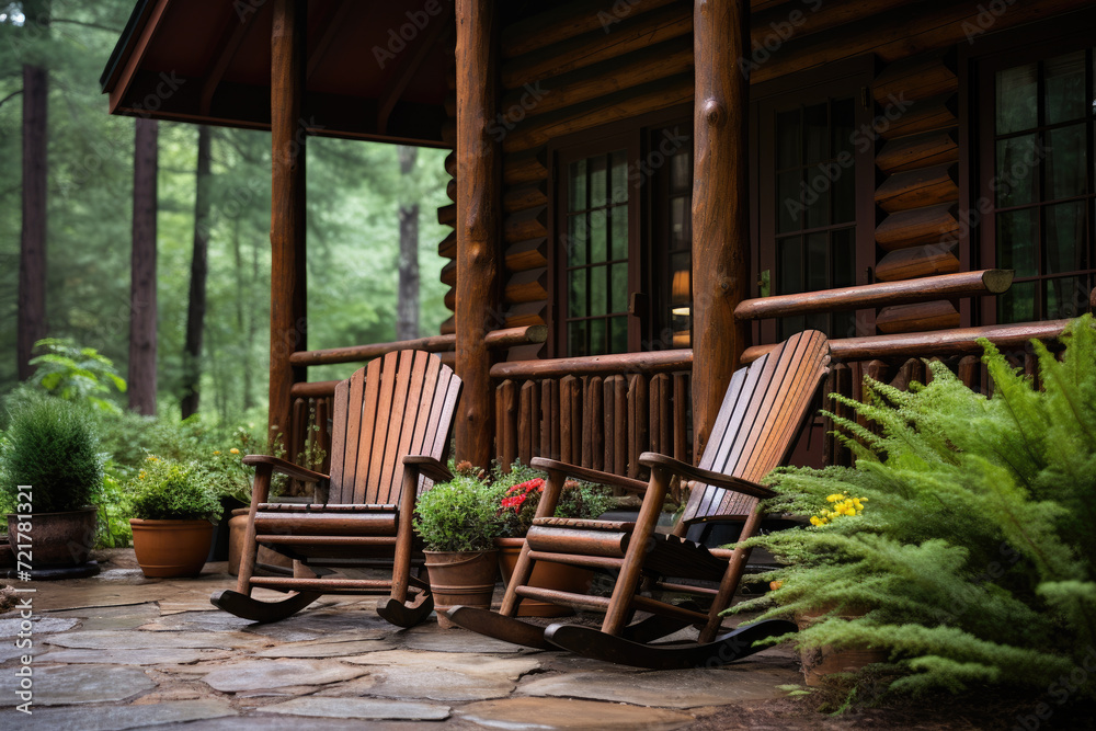 Front Porch of Rustic Log Cabin with Wooden Adirondack Chairs