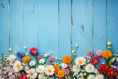 Garden flowers over blue wooden table background. Backdrop with copy space