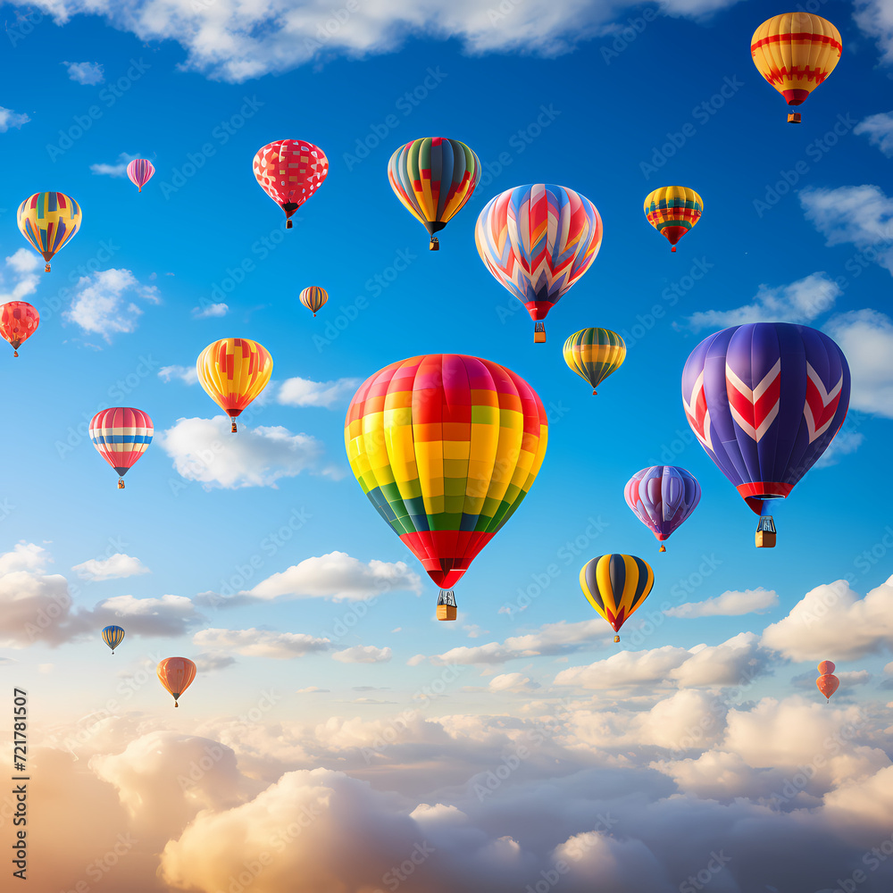 Colorful hot air balloons against a clear sky. 