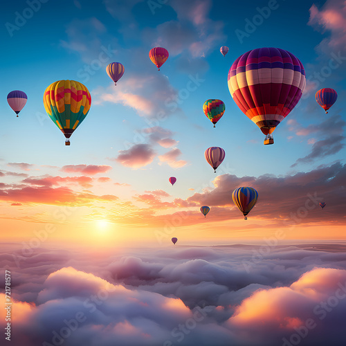 Colorful hot air balloons rising at dawn.  © Cao