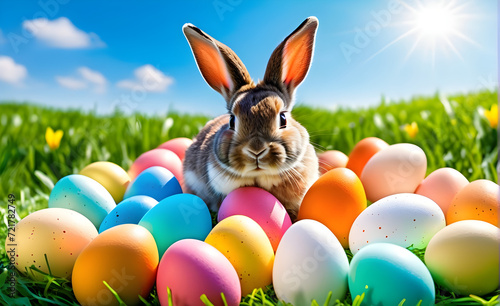 Easter a bunny and eggs on outdoor grass. Generative AI