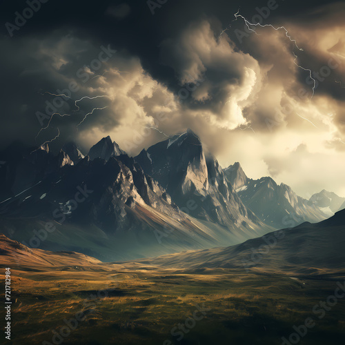 Dramatic storm clouds over a mountain range. 
