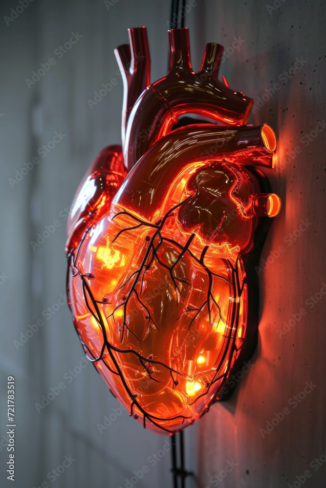 3D Model Heart with Glowing Orange Electric Pulse, Generative AI