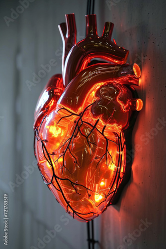 Obraz na płótnie 3D Model Heart with Glowing Orange Electric Pulse, Generative AI w salonie