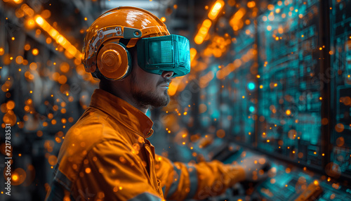 A male engineer in a safety helmet uses VR virtual reality glasses among industrial robotic arms in a control room.