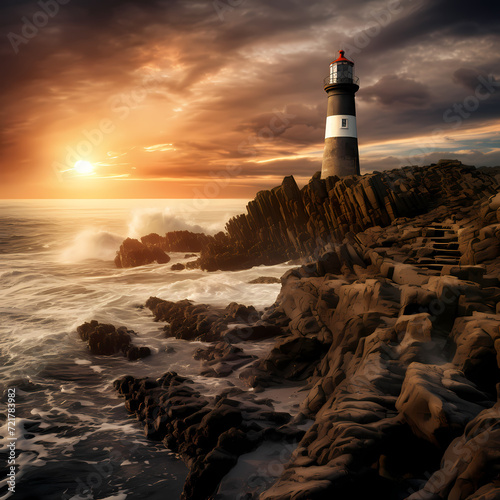 Lighthouse overlooking a rocky coastline. 