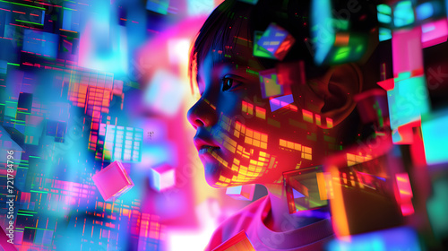 Child in a trace in a digital world of vibrant, neon geometric shapes. Game addiction concept.